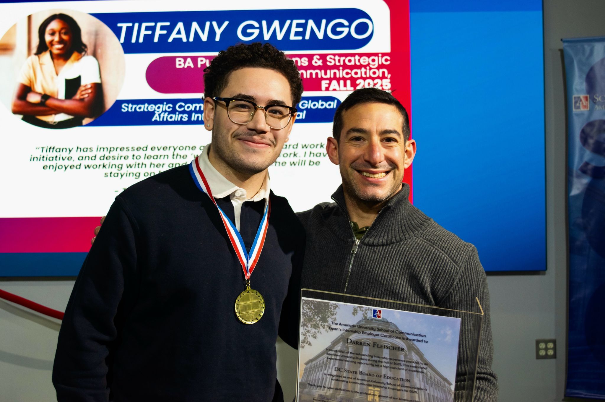 Nasaiah Algarin at the Dean's Intern ceremony at American University School of Communication